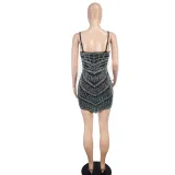 Summer Women Sexy Mesh Beaded Suspender Bodycon Dress