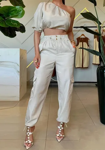 Women Summer Slash Shoulder Raglan Sleeve Top And Long Pants Two-Piece Set
