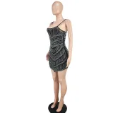 Summer Women Sexy Mesh Beaded Suspender Bodycon Dress