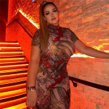 Summer Women sexy backless print see-through mesh jumpsuit