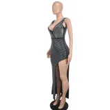 Women Summer Women Beaded Sexy V-neck Mesh See-Through Irregular dress