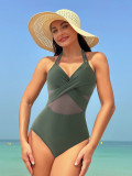 Women Solid Mesh Bikini One-Piece swimwear