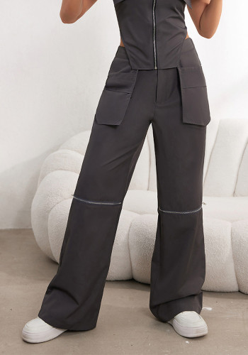 Women American retro zipper straight Casual Jumpsuit