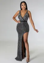 Women Summer Women Beaded Sexy V-neck Mesh See-Through Irregular dress