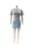 Women's Fashion Printed Short Sleeve Two Piece Skirt Set