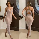 Fashion Women's Clothing V-Neck Beaded Sleeveless Long Dress