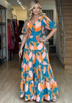 Puff Sleeve V Neck High Waist Chic Print Long Dress