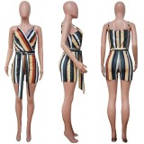 High Waist Slim Sleeveless V-Neck Belt Striped Wide-Leg Jumpsuit