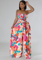 Printed Strapless Slim Waist Lace-Up Chic Summer Wide Leg Women's Jumpsuit