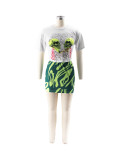 Women's Fashion Printed Short Sleeve Two Piece Skirt Set