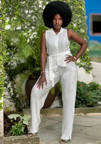 Fashionable Women's Sleeveless Pleated Casual Two Piece Pants Set