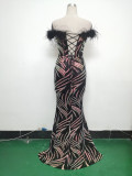 Fishbone Slim Waist Off Shoulder Feather Sequined Evening Dress