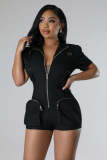 Sexy Short Sleeve Pocket Zipper Cargo Jumpsuit