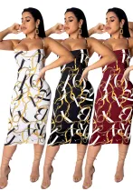 Women's Spring Summer Sexy Chain Print Back Hollow Strap Dress