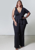 Women's Ruffled Patchwork Wide-Leg Casual Plus Size Jumpsuit