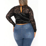 Elegant Lace Patchwork Long Sleeve Slim Top Outdoor Wear