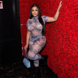 Summer Women sexy backless print see-through mesh jumpsuit