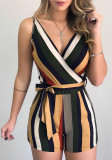 High Waist Slim Sleeveless V-Neck Belt Striped Wide-Leg Jumpsuit