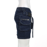 Women Pocket Cross Denim Mini Skirt