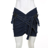 Women Pocket Cross Denim Mini Skirt