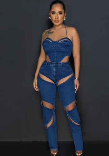 Women Summer Sexy Top and Ripped Denim Pant Two-Piece Set