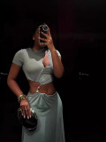 Women summer Cut Out beaded short sleeve Crop Top and Long Skirt two-piece set