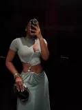 Women summer Cut Out beaded short sleeve Crop Top and Long Skirt two-piece set