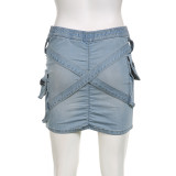 Women Pocket Cross Denim Mini Skirt