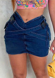 Women Pocket Cross Denim Mini Skirt