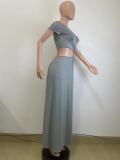 Women summer Cut Out beaded short sleeve Crop Top and Long Skirt two-piece set