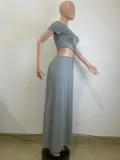 Women summer Cut Out beaded short sleeve Crop Top and Long Skirt two-piece set