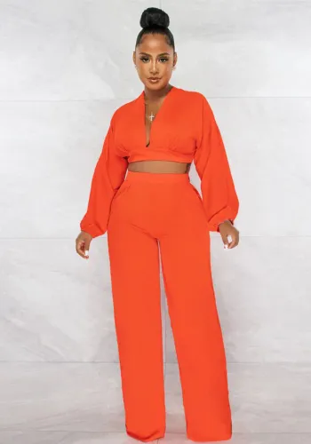 Women Solid Long Sleeve Top and Pant Casual Two-piece Set