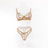 Women Embroidery Floral mesh Sexy Lingerie Two-piece Set