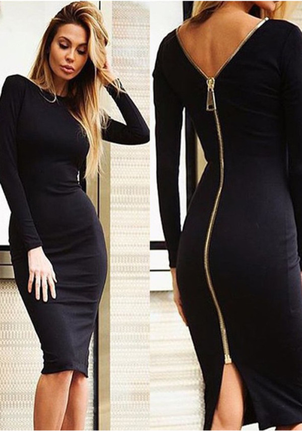 Plus Size Women Zipper Long Sleeve Dress