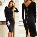 Plus Size Women Zipper Long Sleeve Dress