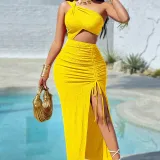 Casual Women's Solid Color Summer Gathered Hollow Slit Dress