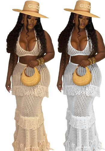 Women casual sexy solid Halter Neck fringe beach Top And Skirt two-piece set