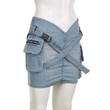 Women Pocket Cross Denim Mini Skirt