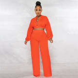 Women Solid Long Sleeve Top and Pant Casual Two-piece Set