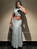 Women summer Cut Out beaded short sleeve Crop Top and Long Skirt two-piece set