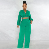 Women Solid Long Sleeve Top and Pant Casual Two-piece Set