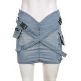 Women Pocket Cross Denim Mini Skirt