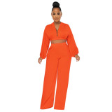 Women Solid Long Sleeve Top and Pant Casual Two-piece Set