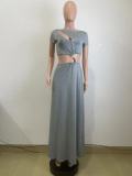 Women summer Cut Out beaded short sleeve Crop Top and Long Skirt two-piece set