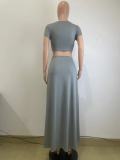 Women summer Cut Out beaded short sleeve Crop Top and Long Skirt two-piece set