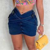 Women Pocket Cross Denim Mini Skirt