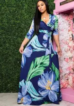 Women Flower Tie-dye Sexy V-neck Half-Sleeve Maxi Dress