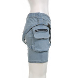 Women Pocket Cross Denim Mini Skirt