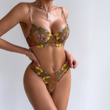 Women Embroidery Floral mesh Sexy Lingerie Two-piece Set