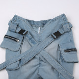 Women Pocket Cross Denim Mini Skirt